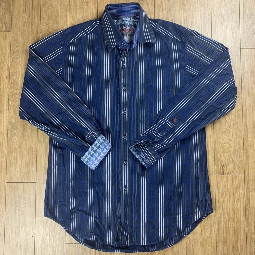 Robert Graham Blue Stripe Long Sleeve Flip Cuff Cotton Button Down Shirt EUC L